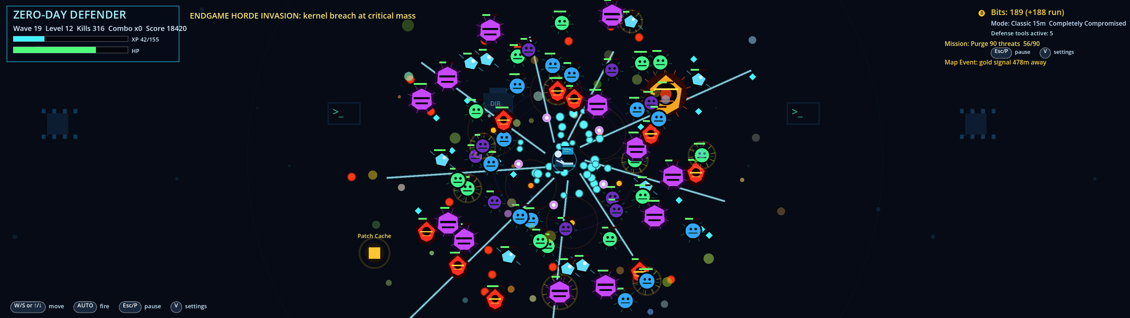 Zero-Day Defender end-game horde invasion gameplay screenshot with enemies, projectiles, beams, boss pressure, and HUD